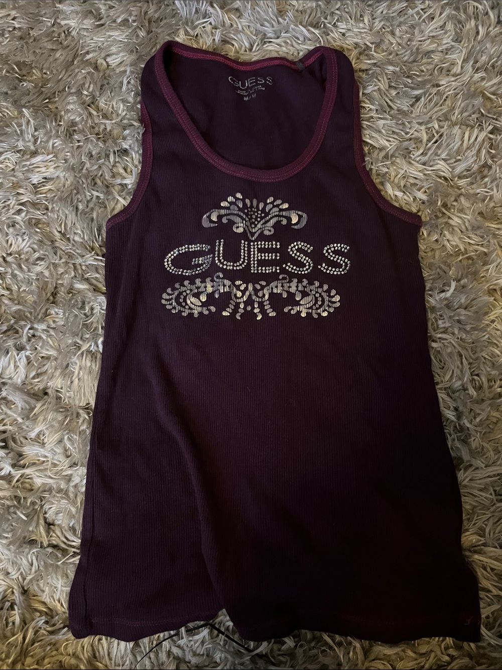 GUESS Burgundy Ribbed Tank with Crystal Logo